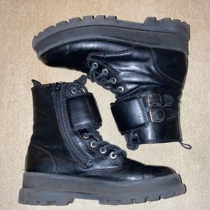 ZARA Kids Black Combat Style Buckled Leather Ankle Boot Size EU 35
